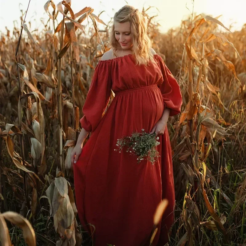 

Maternity Photo Shoot Long Dresses Rust Cotton Slash Neck Pregnancy Dresses For Photography