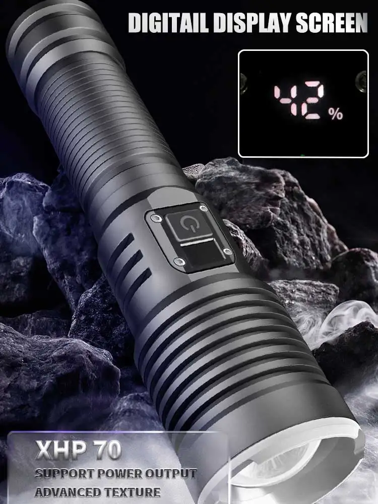 Powerful XHP70 LED Flashlight With Digitail Display Screen Torch USB Rechargeable Camping Fishing Lantern Waterproof Zoom Lights
Powerful XHP70 LED Flashlight With Digitail Display Screen Torch USB Rechargeable Camping Fishing Lantern Waterproof Zoom Lights