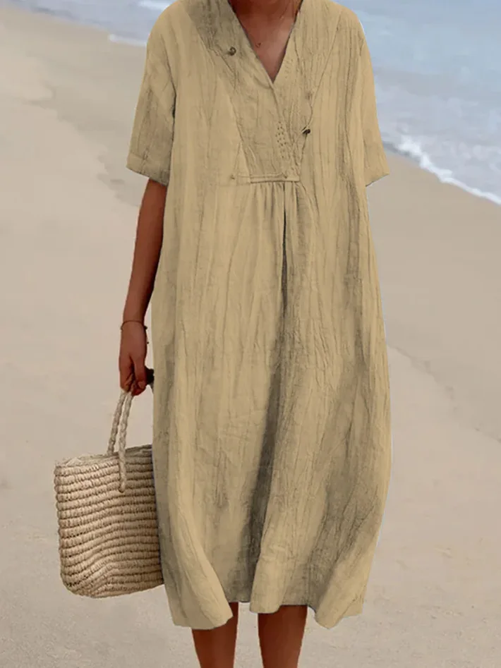Cotton Linen Dress Vintage Casual V Neck Loose Waist Midi Beach Dress Women Clothing solid color dress for women
Cotton Linen Dress Vintage Casual V Neck Loose Waist Midi Beach Dress Women Clothing solid color dress for women