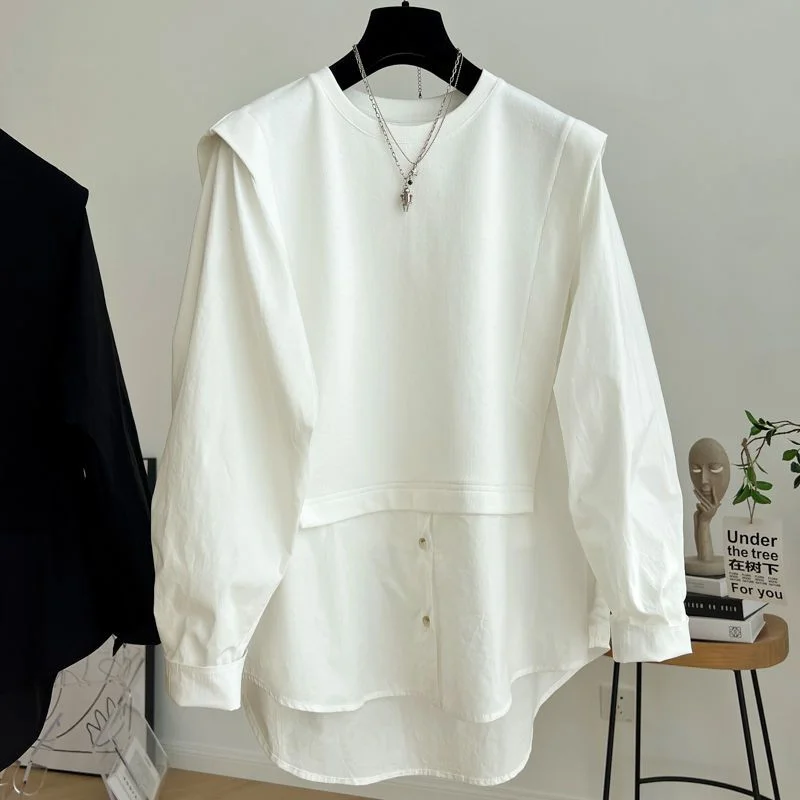 

SuperAen 2024 дизайнерская Лоскутная Блузка, весенний Новый Свободный корейский пуловер из двух частей, рубашка с длинным рукавом