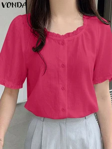 VONDA Elegant Ruffled Shirts Women Solid Color Blouse 2024 Casual Round neck Short Sleeve Tops Fashion Sundress Femininas Blusas