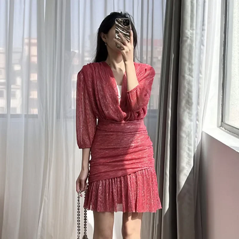 Women Pleated Dress Elegant Waist V-Neck Long Lantern Sleeve Elegant 2024 Summer Mini Robe
Women Pleated Dress Elegant Waist V-Neck Long Lantern Sleeve Elegant 2024 Summer Mini Robe