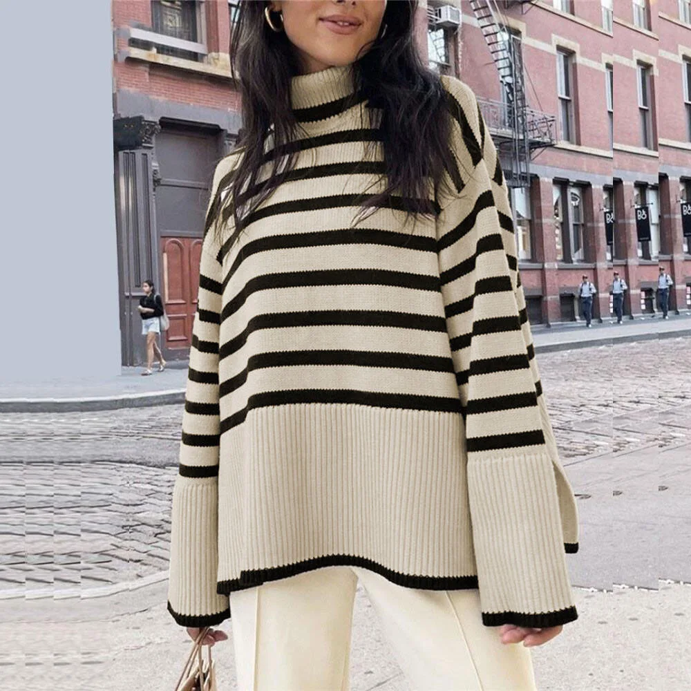 

2023 Y2K Winter Black and White Split Stripe Sweater Streetwear Loose Tops Women Pullover Long Sleeve Turtleneck Knitted Ribbed