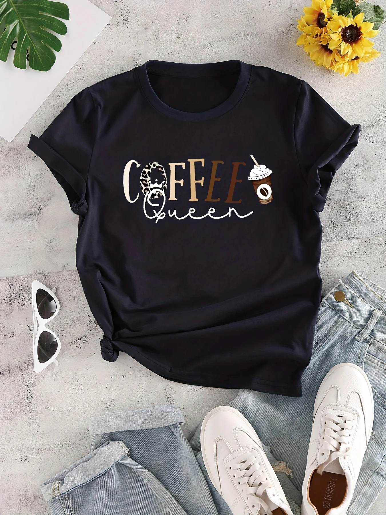 

Coffee Letter Print Women's Casual Crew Neck Short Sleeve T-Shirt - Everyday Comfortable Top