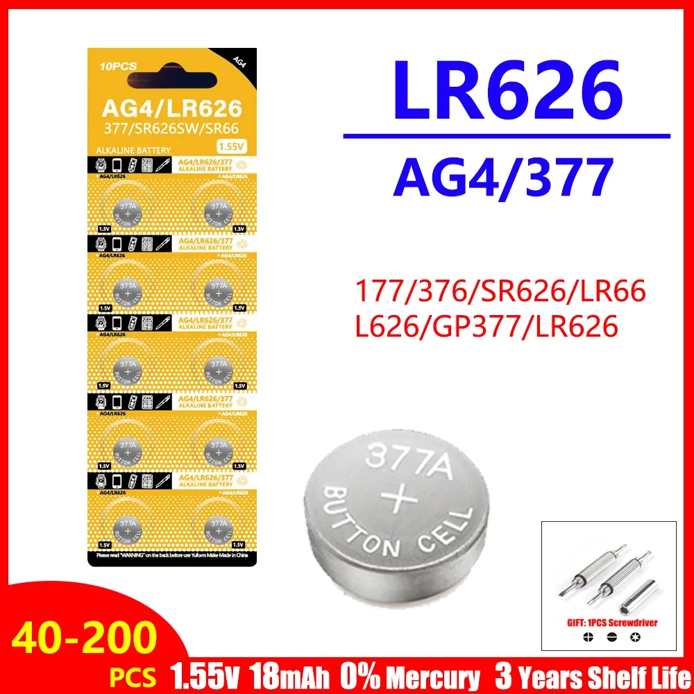 

40-200PCS AG4 LR626 1.55V Alkaline Watch Battery 377 SR626 177 626A 377A CX66W For Toy Calculator Car Key Clock Button Cell