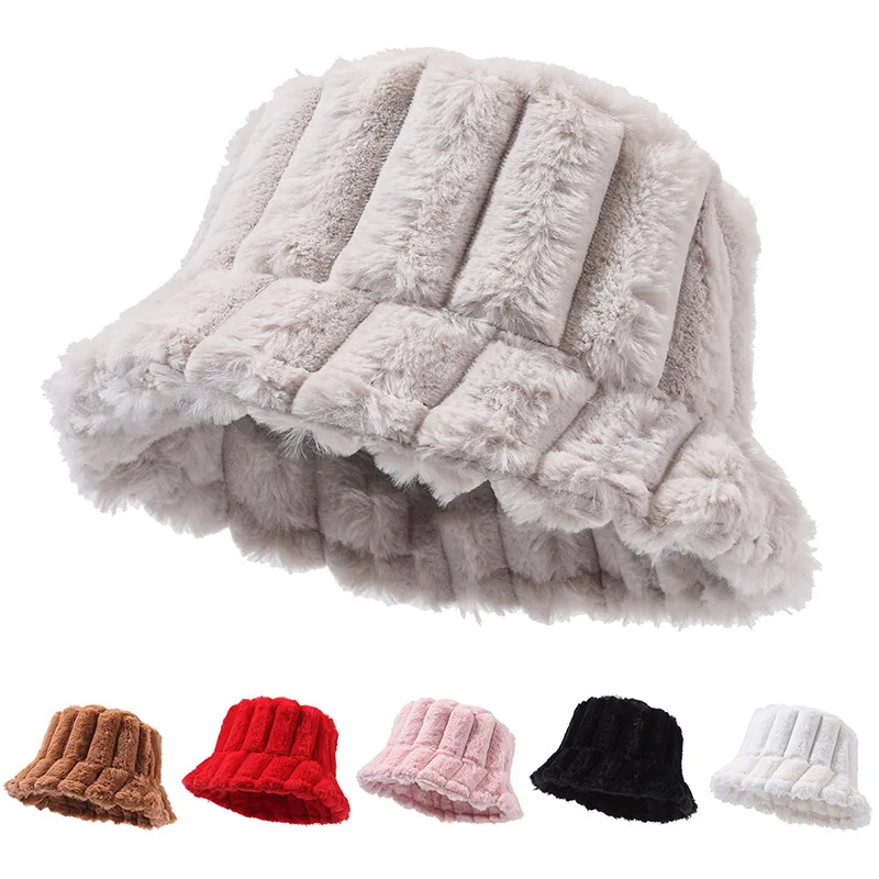 

Women Winter Hat New Fluffy Fur Panama Basin Cap Solid Color Plush Fisherman Cap Thick Warm Bucket Hat Fashion Girls Bob Bonnet