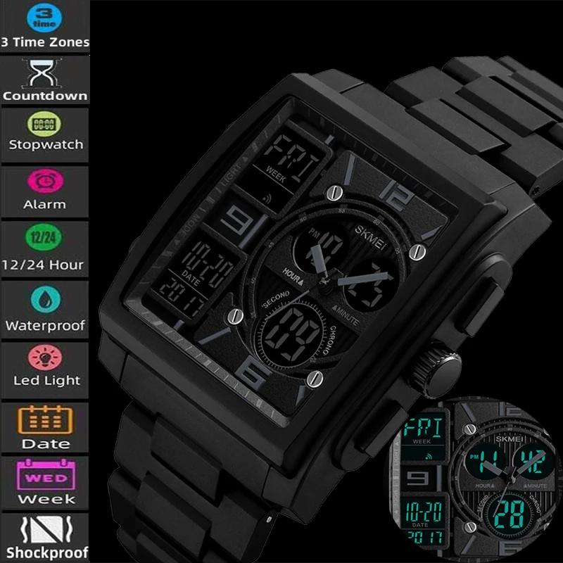 

Skmei Three Time Zones Men's Sport's Watch Fashion Led Waterproof Quartz Digital Wristwatch Male Countdown Relogio Masculino