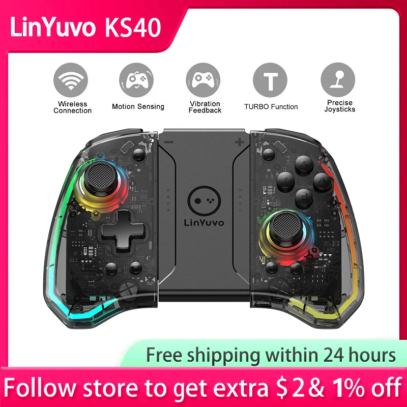 

KS40 Joypad Transparent Controller Wireless Gamepad Wake Up 6 Axis Gyro Metal Joystick Compatible Nintendo Swtich Joystick