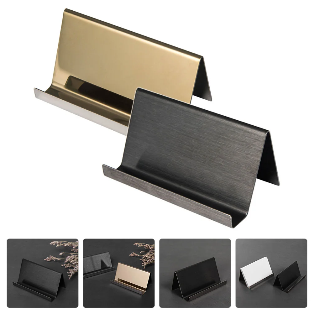 

2 Pcs Display Shelves Stainless Steel Business Card Holder Metal Base Name Stand Cards Office
