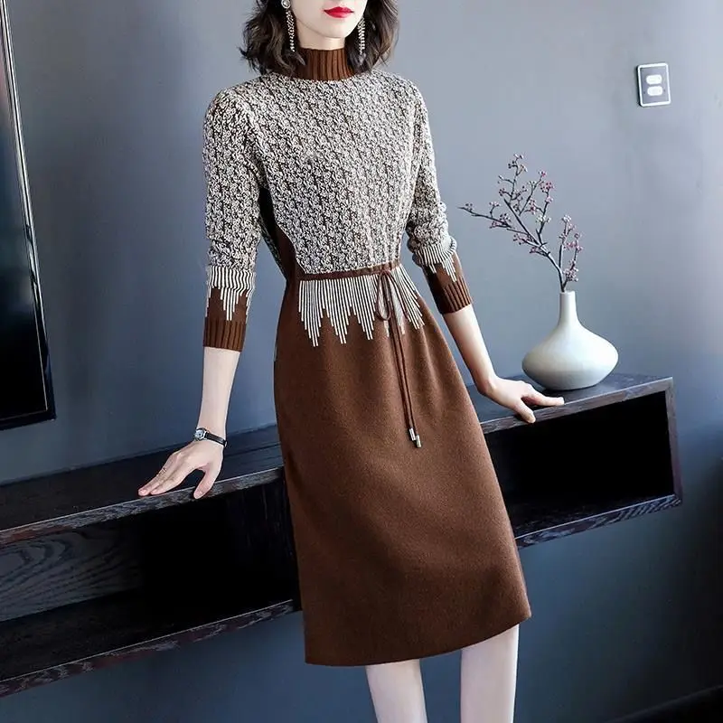 

Vintage Women's Clothing Simplicity Elegant Dresses Temperament Patchwork Printing Knitting O-neck Long Sleeve Pullovers Lacing