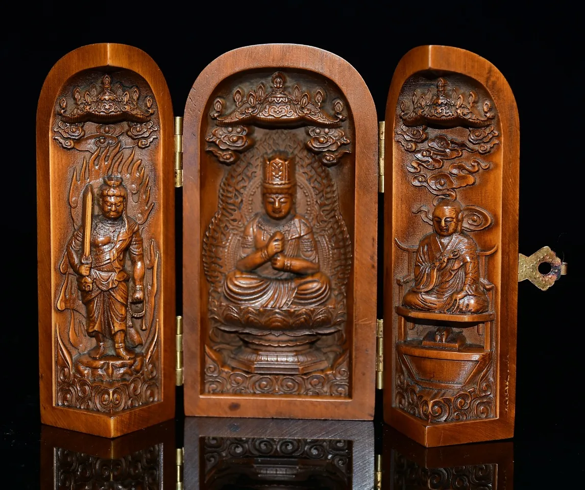 4"Tibetan Temple Collection Old Boxwood Three Bodhisattvas Buddha Three Open Boxe Acalanatha Ksitigarbha Worship Hall Town house
4"Tibetan Temple Collection Old Boxwood Three Bodhisattvas Buddha Three Open Boxe Acalanatha Ksitigarbha Worship Hall Town house