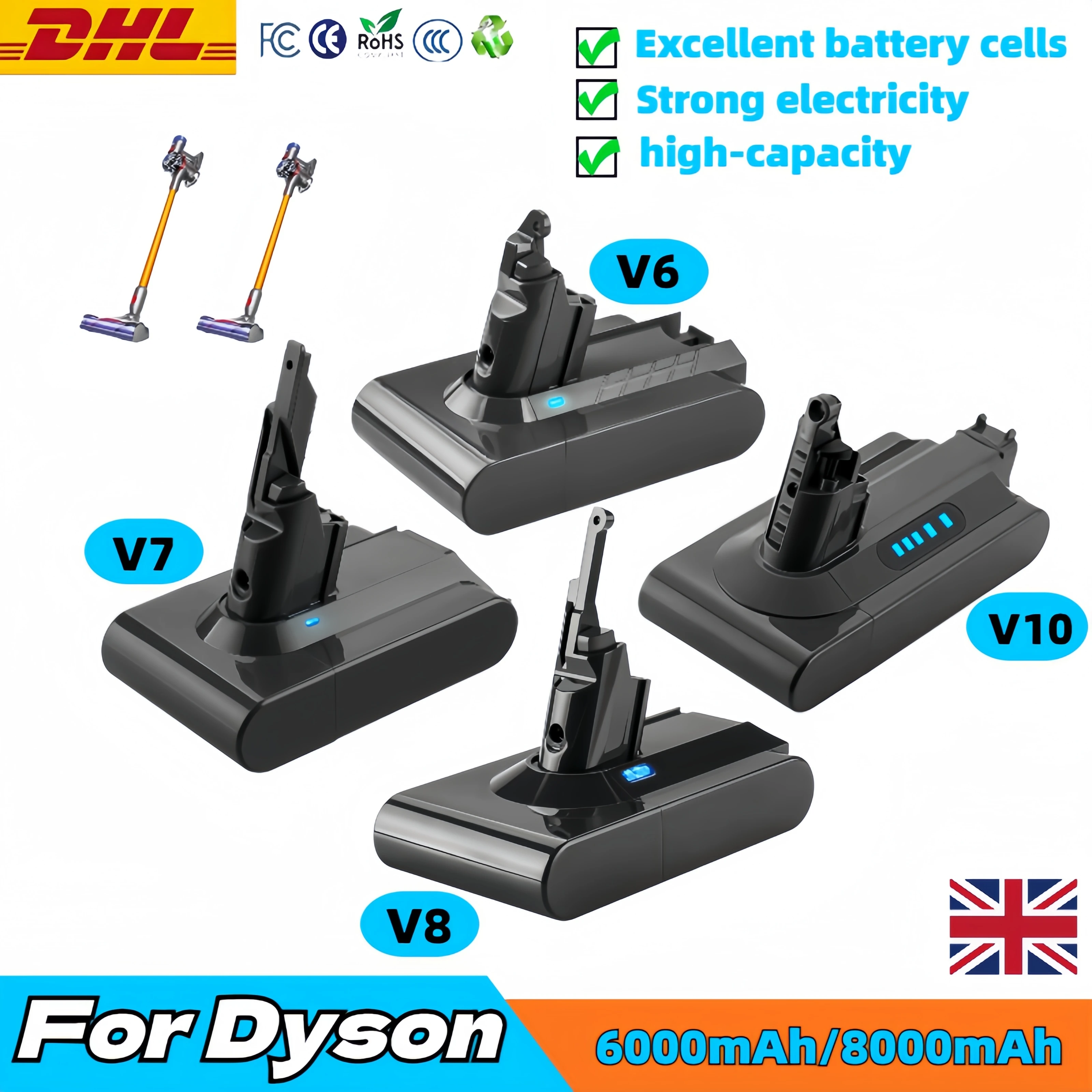 8000mAh Battery for Dyson V8 V7 V6 V10 Replacement Battery Large SV10 SV11 SV12 SV03 DC62 Absolute Vacuum Cleaner
8000mAh Battery for Dyson V8 V7 V6 V10 Replacement Battery Large SV10 SV11 SV12 SV03 DC62 Absolute Vacuum Cleaner