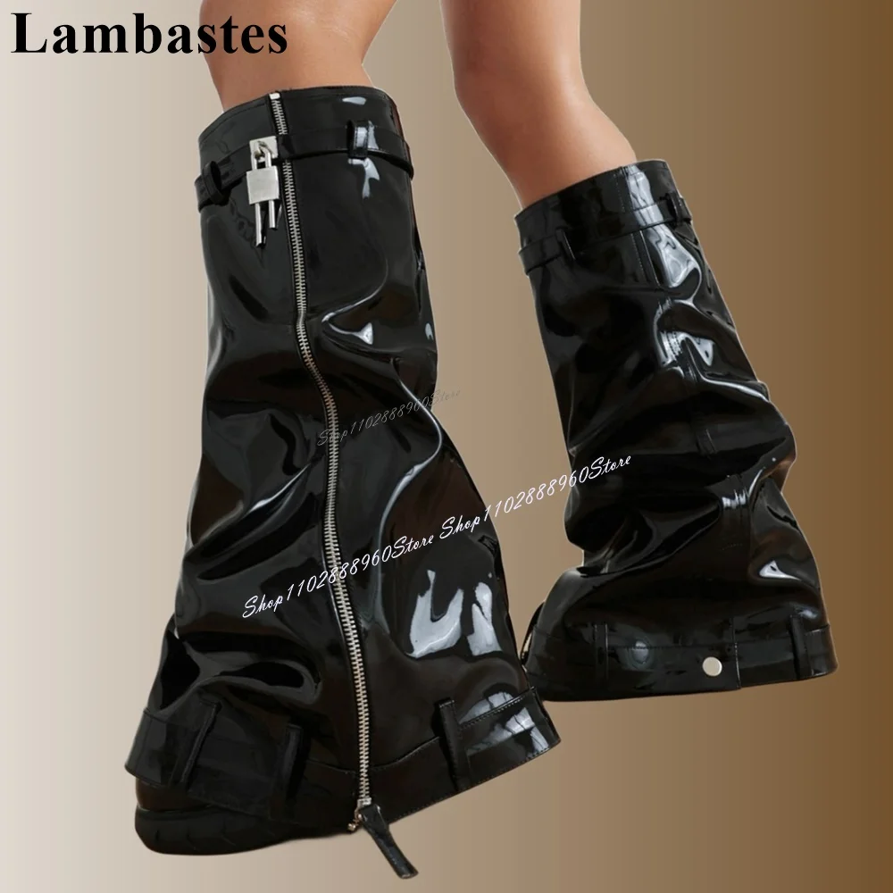 

Western Knee High Black Metal Zipper Lock Decor Shark Boots Wedges Heel Women Shoes Slip-On Round Toe 2024 Zapatos Para Mujere