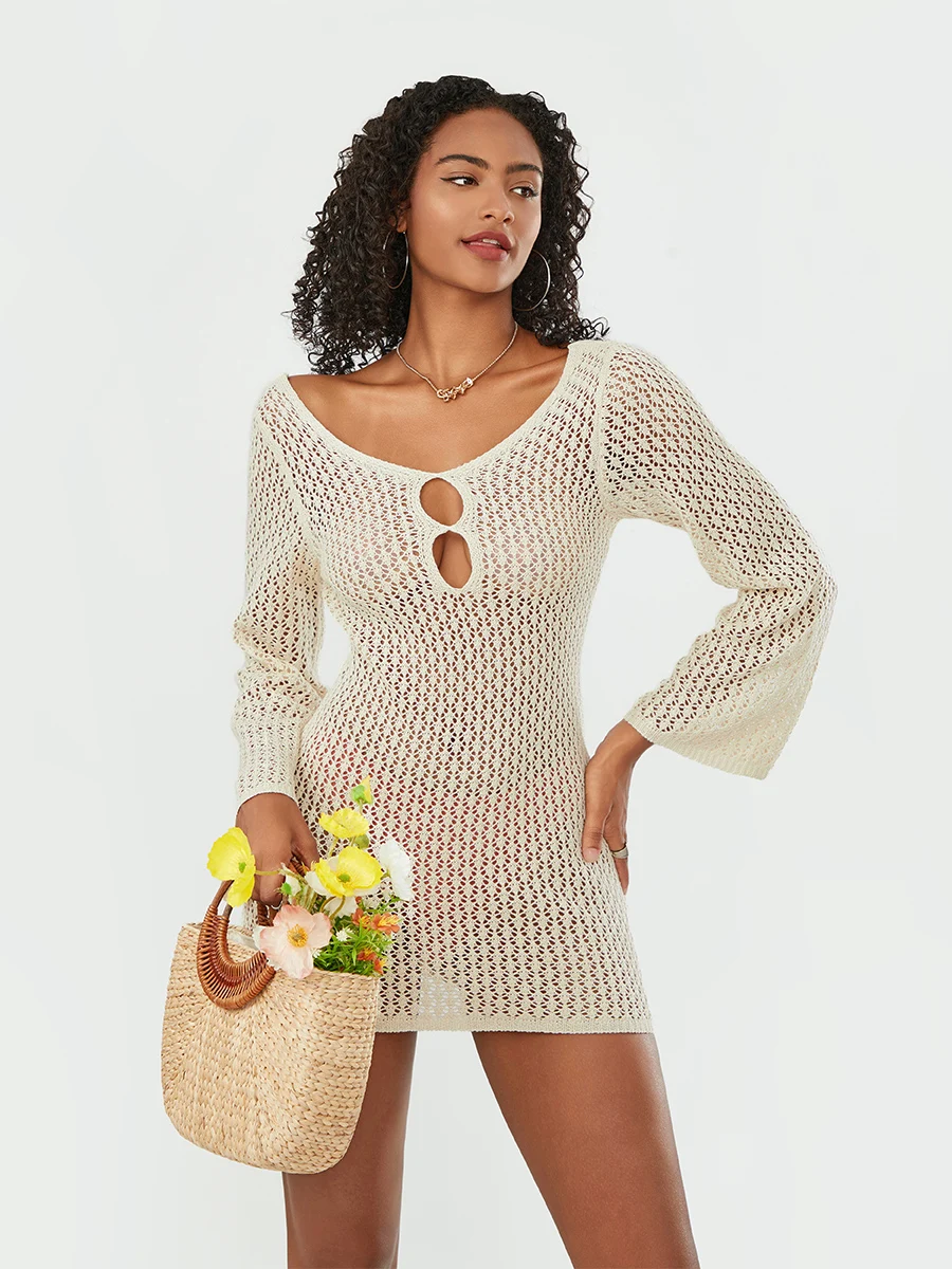 

wsevypo Backless Cutout Crochet Knit Beach Mini Dress for Women Bikini Cover-ups Long Sleeve V-Neck Bodycon Short Dresses