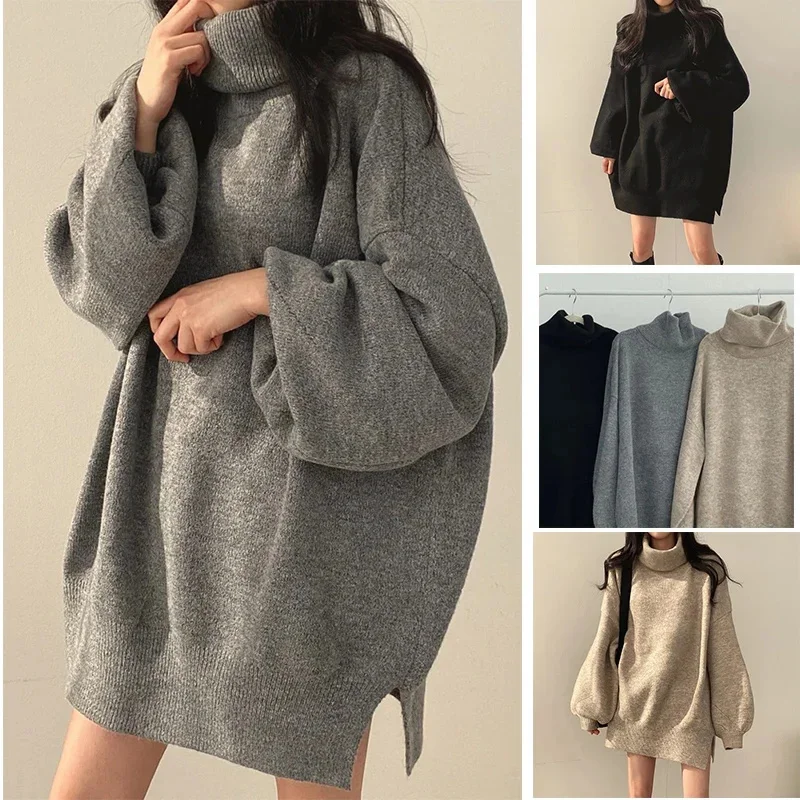 

Turtleneck Knitted Sweater Women Oversized Long Pullovers Female Loose Casual Warm Jumpers Lady Korean Fashion Knitwear Pullover