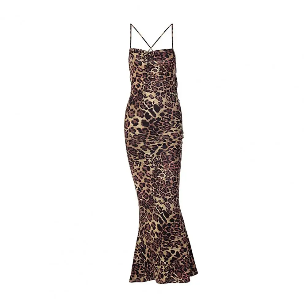 

Lightweight Dress Elegant Leopard Print Maxi Dress for Women Spaghetti Strap Backless Party Prom Sundress with Off Shoulder