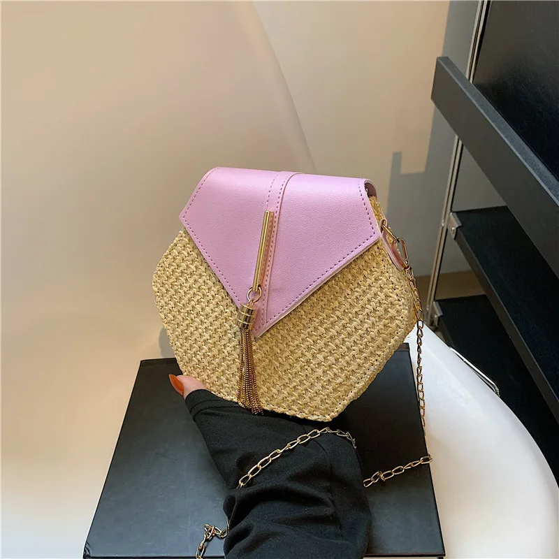 Hexagon Straw & Leather Handbag - Bohemian Woven Beach Shoulder Bag 27 S293da5edde2d4e9583bc71a273e0db6eV