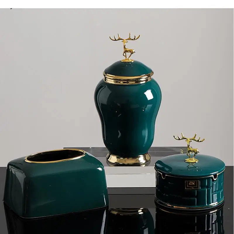 Nordic Light Luxury Dark Green Ceramic Storage Jar Vase Decoration Golden Elk Lid Candy Jar Living Room Decoration Accessories
Nordic Light Luxury Dark Green Ceramic Storage Jar Vase Decoration Golden Elk Lid Candy Jar Living Room Decoration Accessories