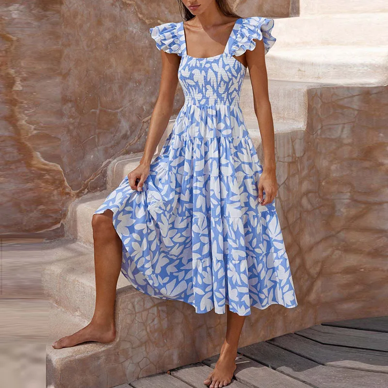

Элегантное летнее плиссированное платье с рукавами-фонариками, повседневное летнее длинное платье для отпуска, женское пляжное платье с квадратным вырезом и цветочным принтом для женщин