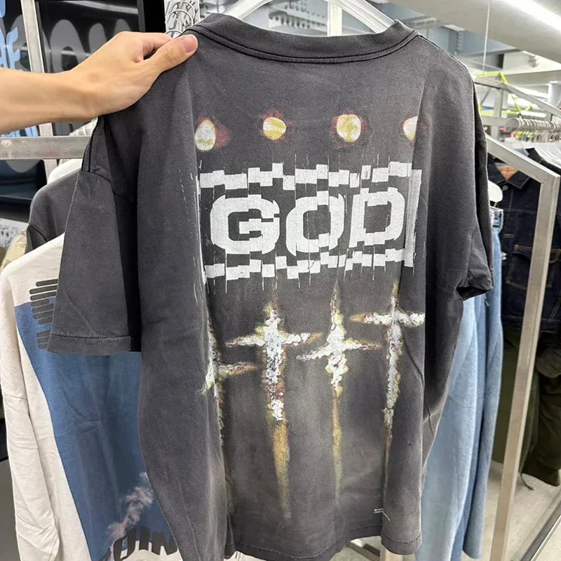 

Уличная одежда, футболка с принтом крестов в стиле Св. Майкла, хлопковая винтажная черная футболка большого размера с эффектом потертости