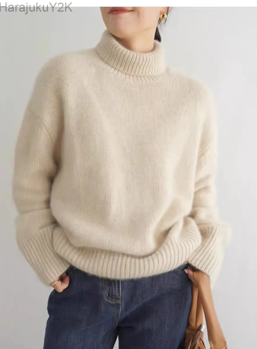 

Женский свитер из 100% мериносовой шерсти, зимний плотный пуловер с длинным рукавом и высоким воротником, женский джемпер, Свободный Топ большого размера, вязаная одежда