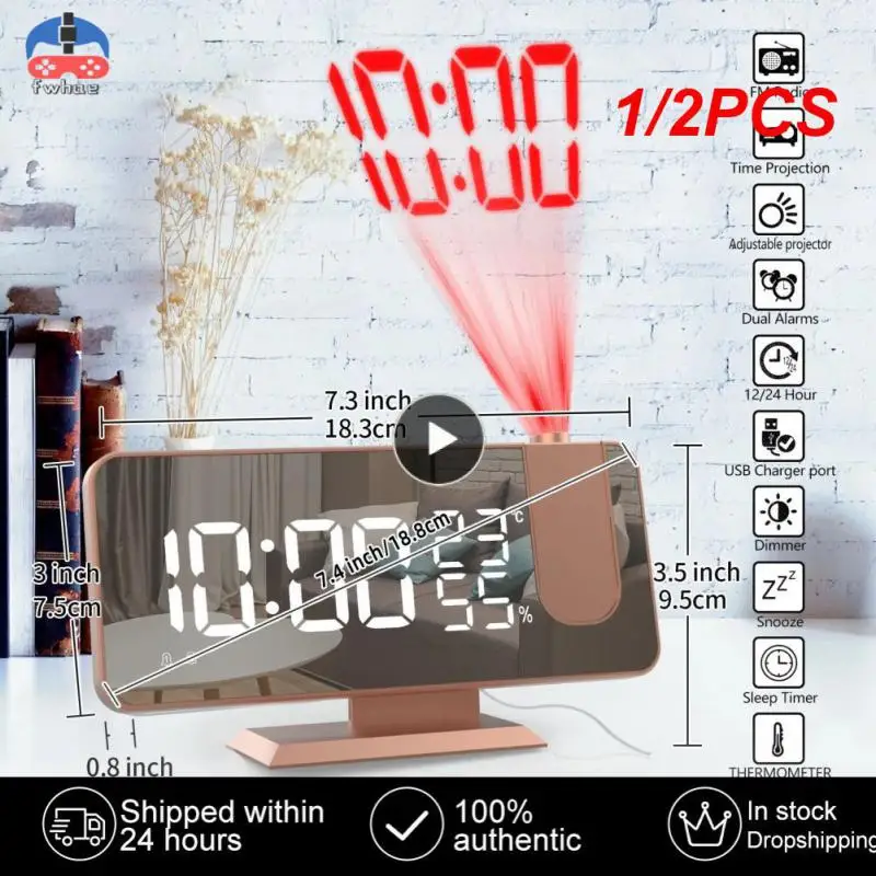 

1/2PCS Digital Alarm Clock Radio Projection Multifunction Bedside Time Display Radio With Temperature And Humidity Mirror Clock