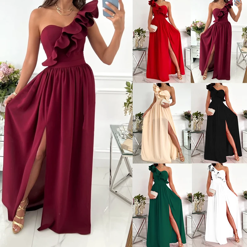 

Women's Sleeveless Ruffled Ball Split Long Irregular Dress, Elegant Evening Dresses, Slim, Sexy, Birthday Party, New, Summer