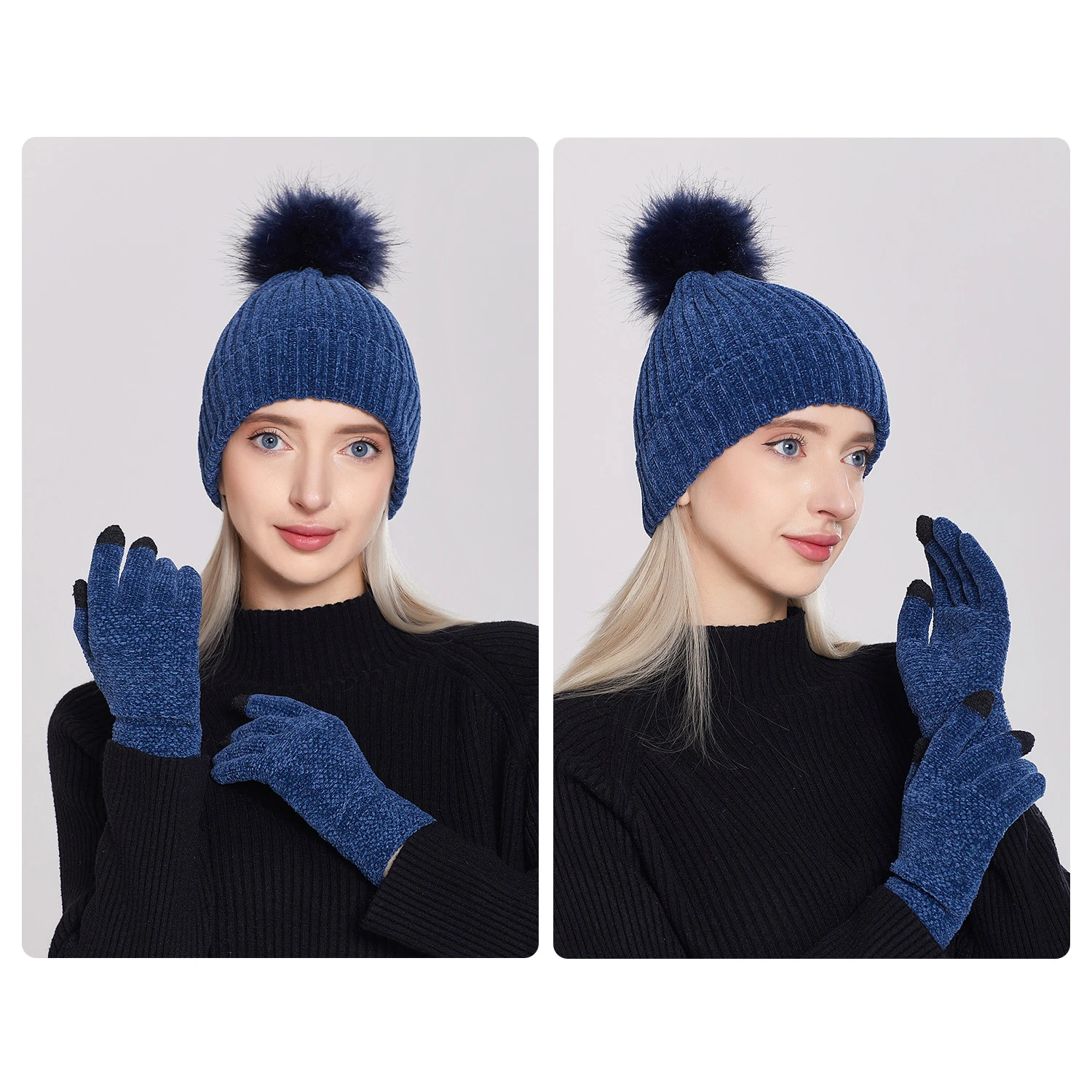 

Thick Warm Winter Hat Glove Sets for Women 2022 Cute Pompom Hats for Women Solid Color Chenille Knitted Bonnets Gloves