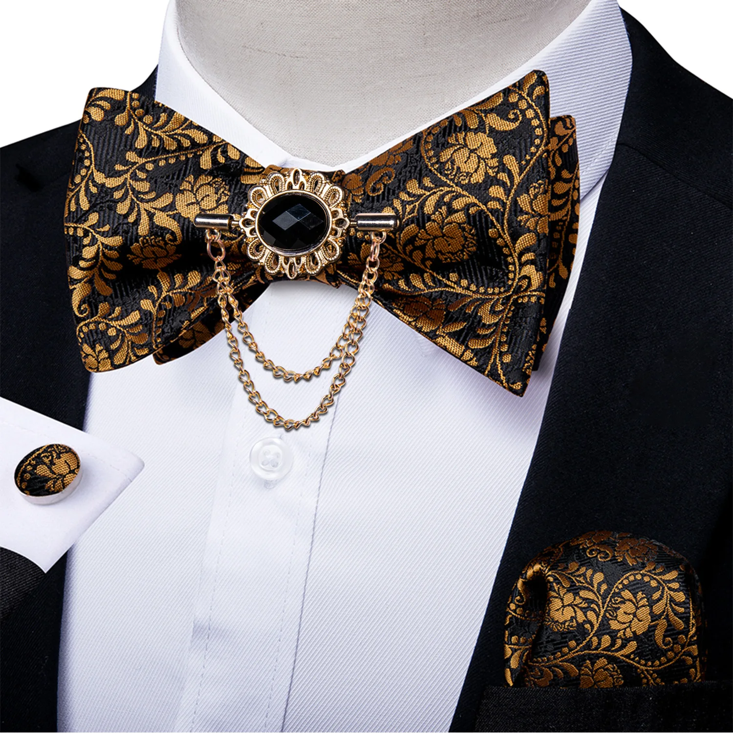 

Casual Floral Self-tie Men' Bowties Luxury Cufflinks Pocket Square Brooch Set Fashion Black Gold Neck Ties For Man Accessories