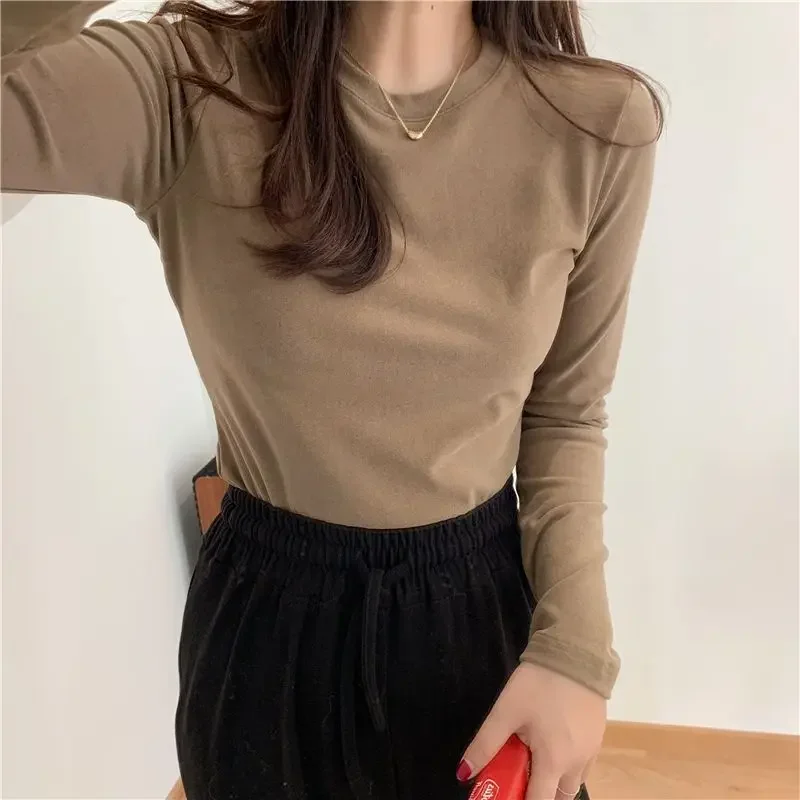 

Thermal Underwear Women Bottoming Shirt Solid Color Long-Sleeved T-Shirt Thin Velvet Slim Fit O Neck Bottoming Thermals Tops
