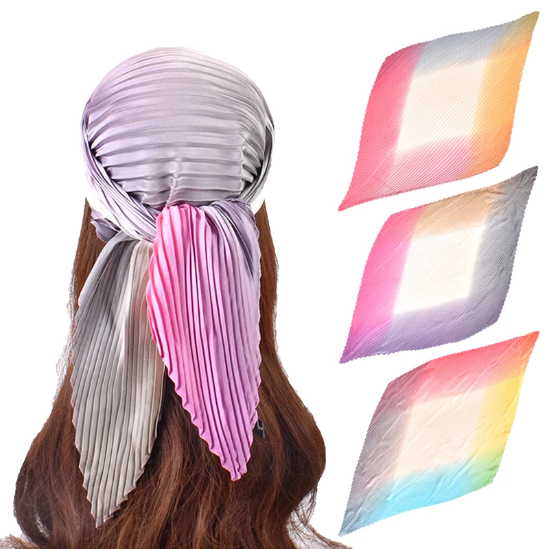 

Плиссированный шарф из искусственного шелка, Модный женский накладной воротник с градиентным цветным принтом, декоративный головной платок, Женский атласный головной платок на лето