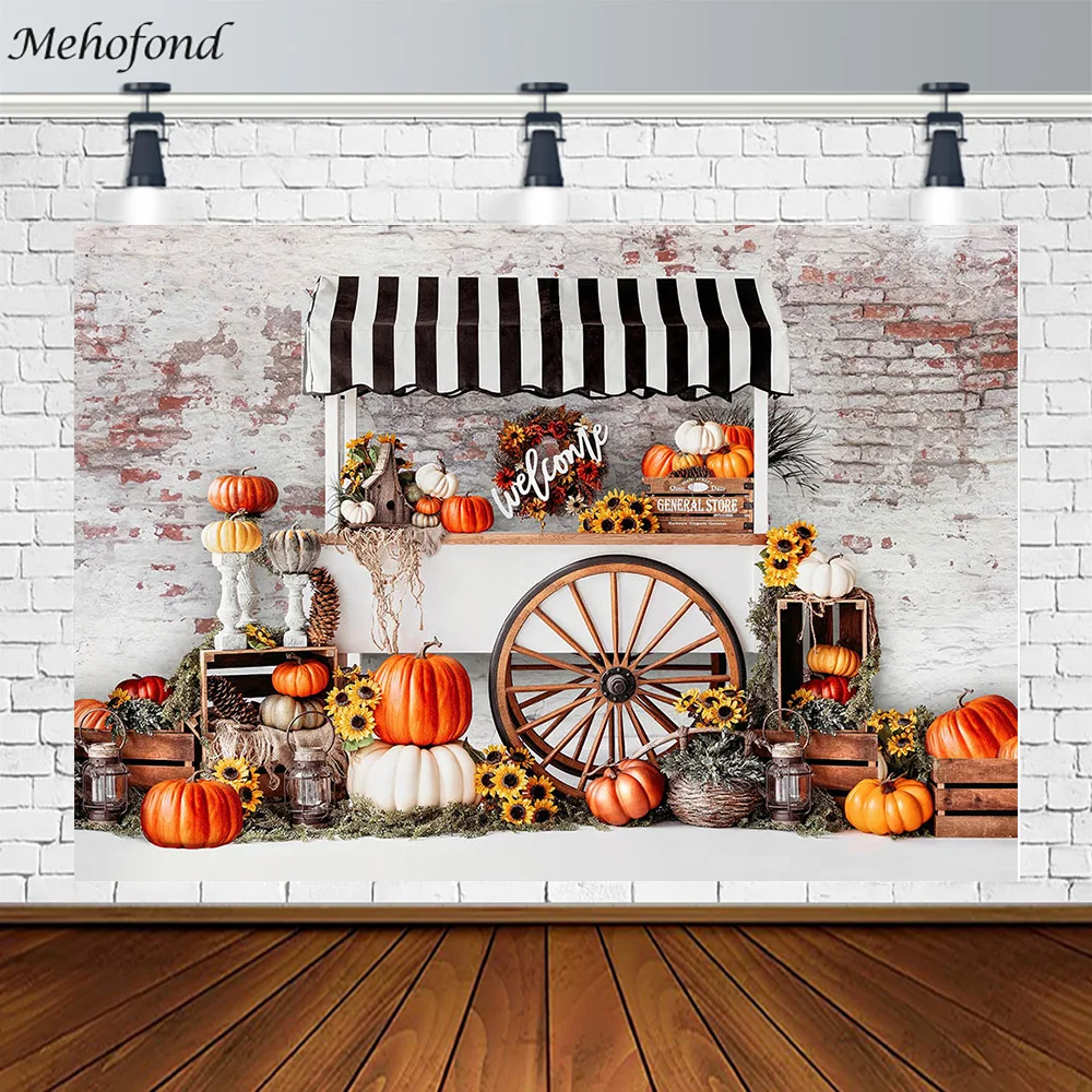

Mehofond Autumn Backdrop Brick Wall Pumpkin Flral Trolley Wheel Newborn Portrait Background for Photography Photo Prop Photocall