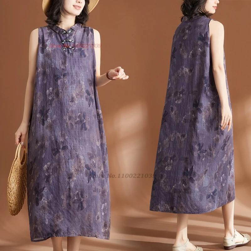 

2024 chinese vintage dress national flower print cotton linen cheongsam improved qipao oriental sleeveless folk a-line dress