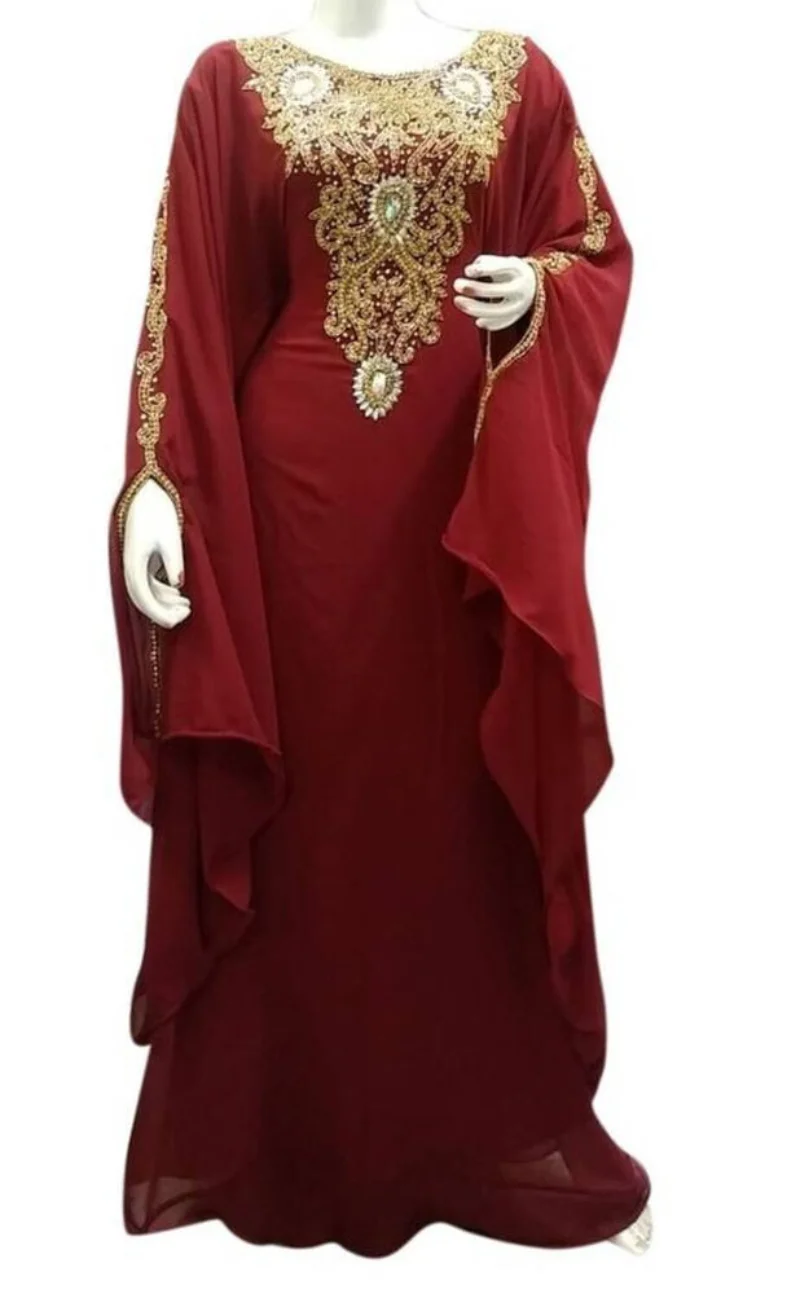 

Women Long Dress Maroon Georgette Farasha Robe Moroccon Dress Indian Saree Indian Clothing Pakistan World National Costume