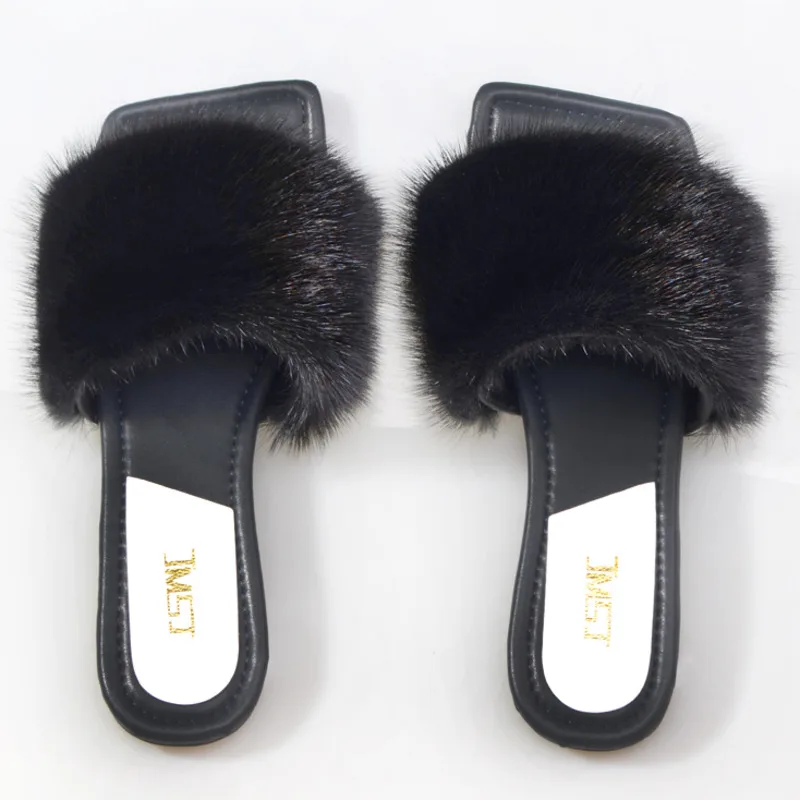 

Real Mink Fur Slippers Fluffy Flip Flat Fur Women's Shoes Fashion Outdoor Slippers Sandals Beach Sandals House Shoes Sandals