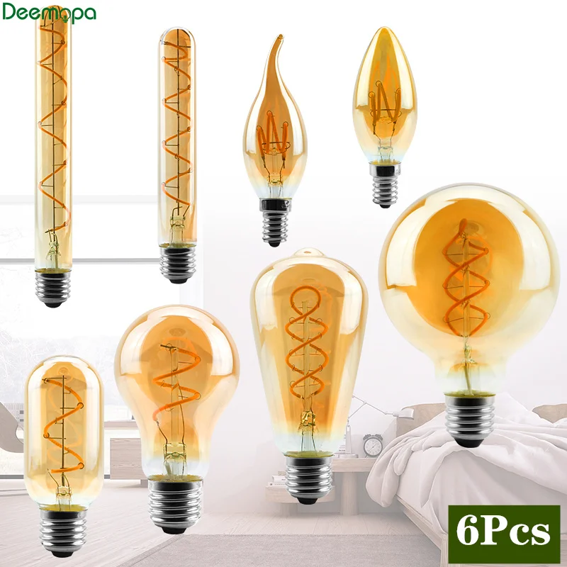 

6pcs/lot Retro LED Spiral Filament Light Bulb E14 E27 4W 2200K 220V C35 A60 T45 ST64 T185 T225 G80 G95 Vintage Edison LED Lamp