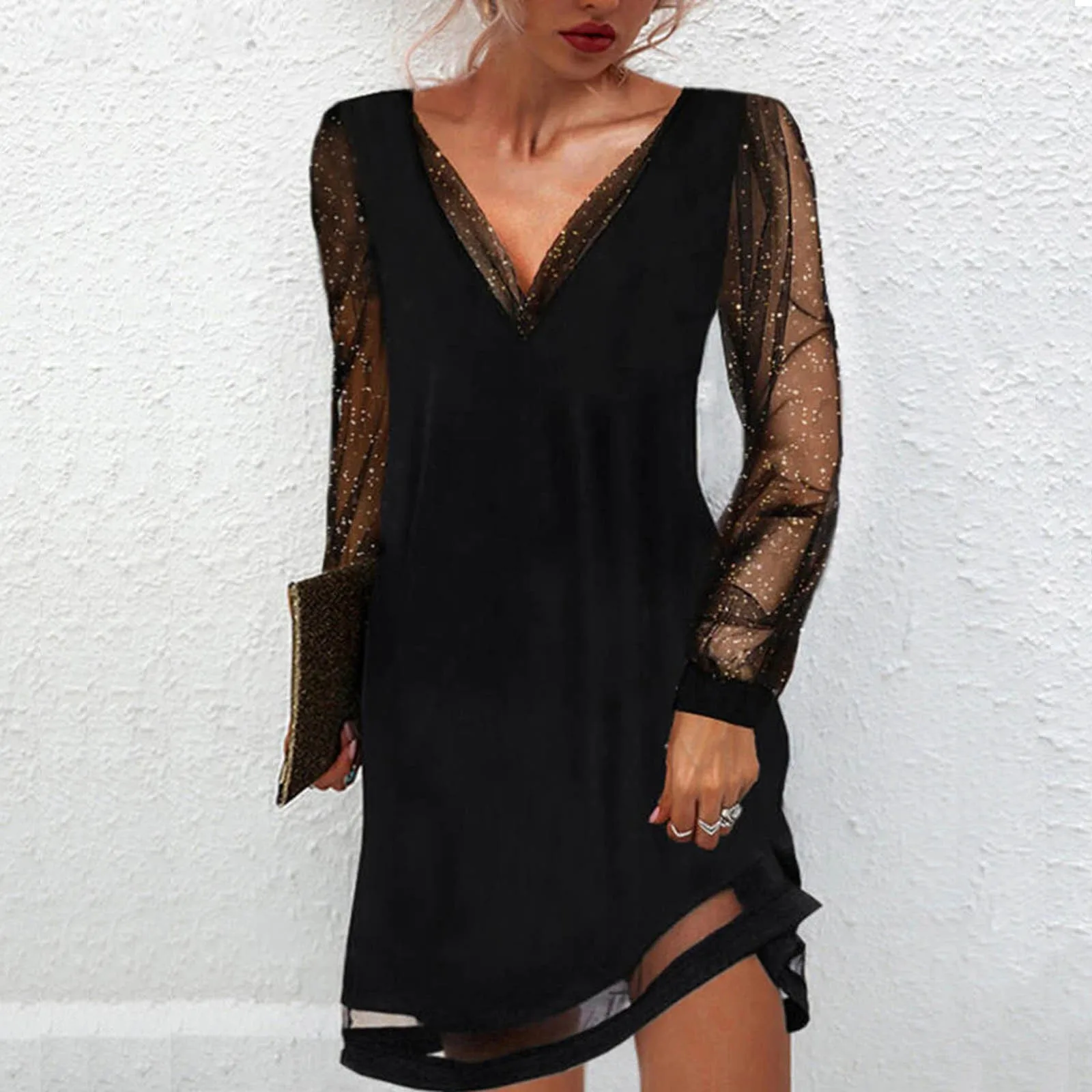 

Long Sleeve V-Neck Shift Mini Dress Women Solid Lace Splice Sexy Casual Dresses Ladies Ruffle Loose Vestidos Vacation Party