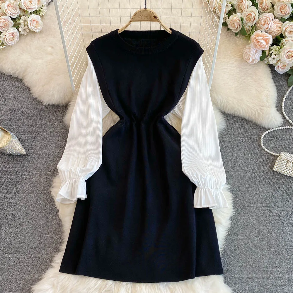 

Autumn and Winter New French Hepburn Style Temperament Round Neck Long Sleeve Stitching Knitted Slim Dress