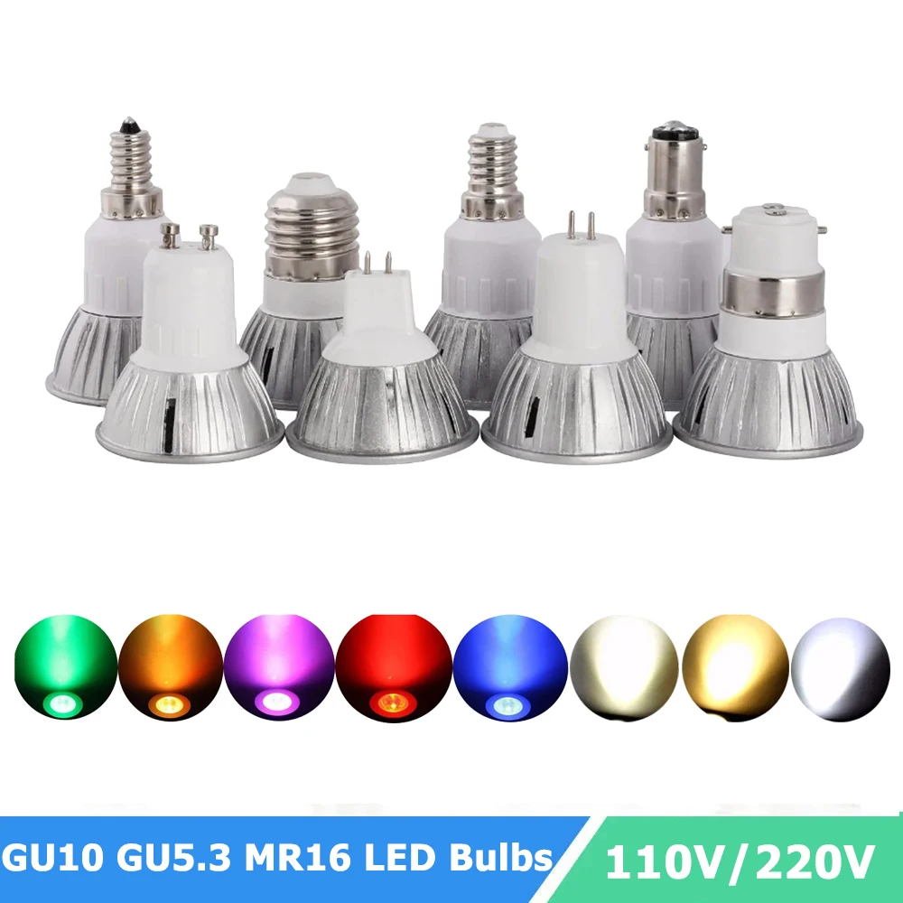 

Dimmable GU10 GU5.3 LED Bulbs 110V/220V Spotlight MR16 DC12V High Quality LED Lamp 3W Multicolor Light For Home Office Lighting