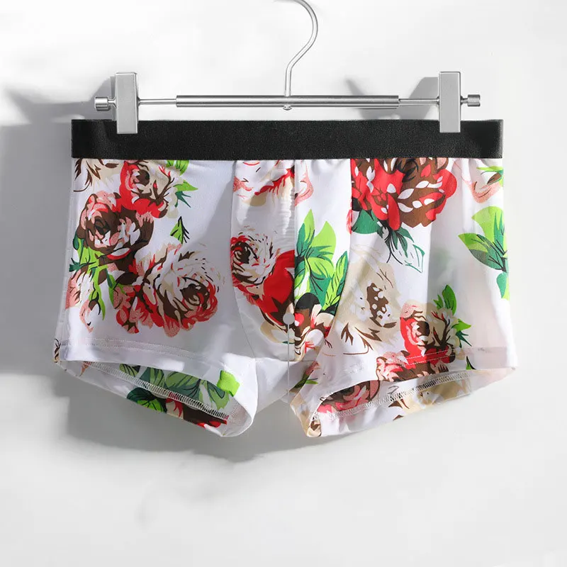 

Sexy Men Underwear Panties Fashion Printed Ice Silk Boxer Shorts Mens Breathable U Convex Pouch Underpants Cueca Calzoncillos