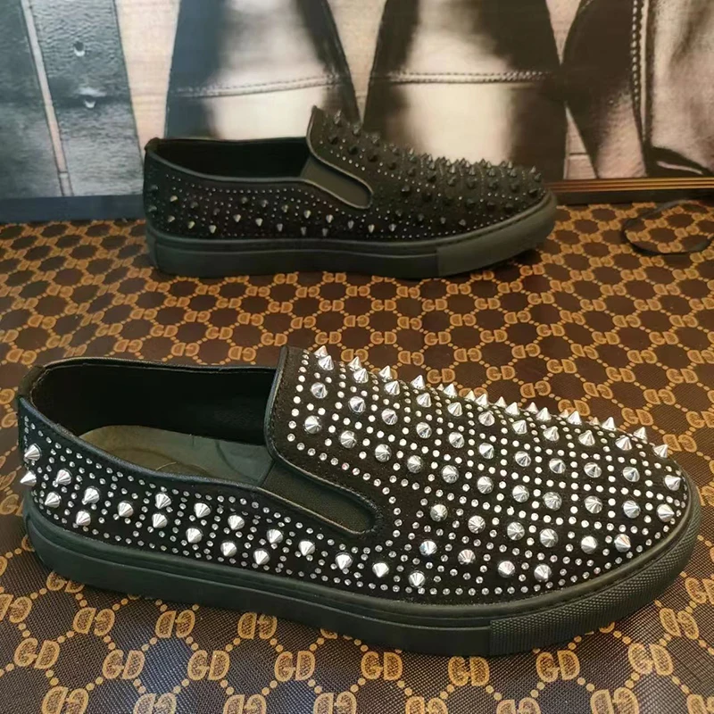 

italian brand designer mens fashion spikes shoes slip-on flats studded shoe party nightclub rivets loafers soft leather footwear