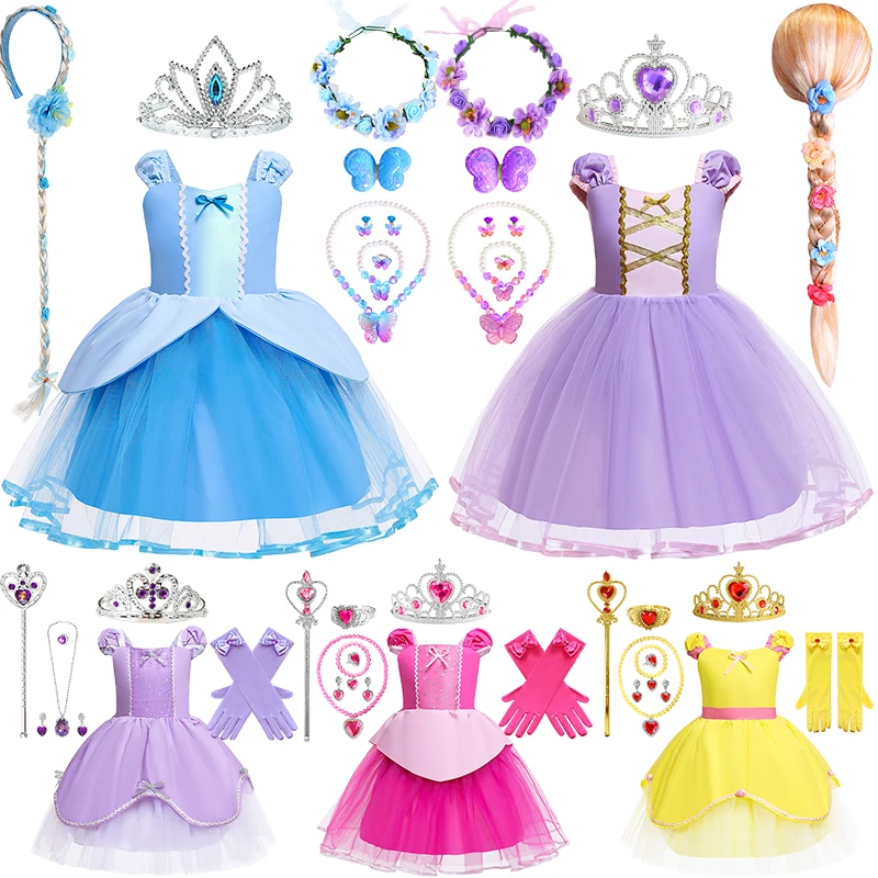 

1-8Years Kids Disney Clothes Baby Girl Cinderella Sofia Belle Aurora Rapunzel Tutu Princess Dress Toddler Birthday Party Costume