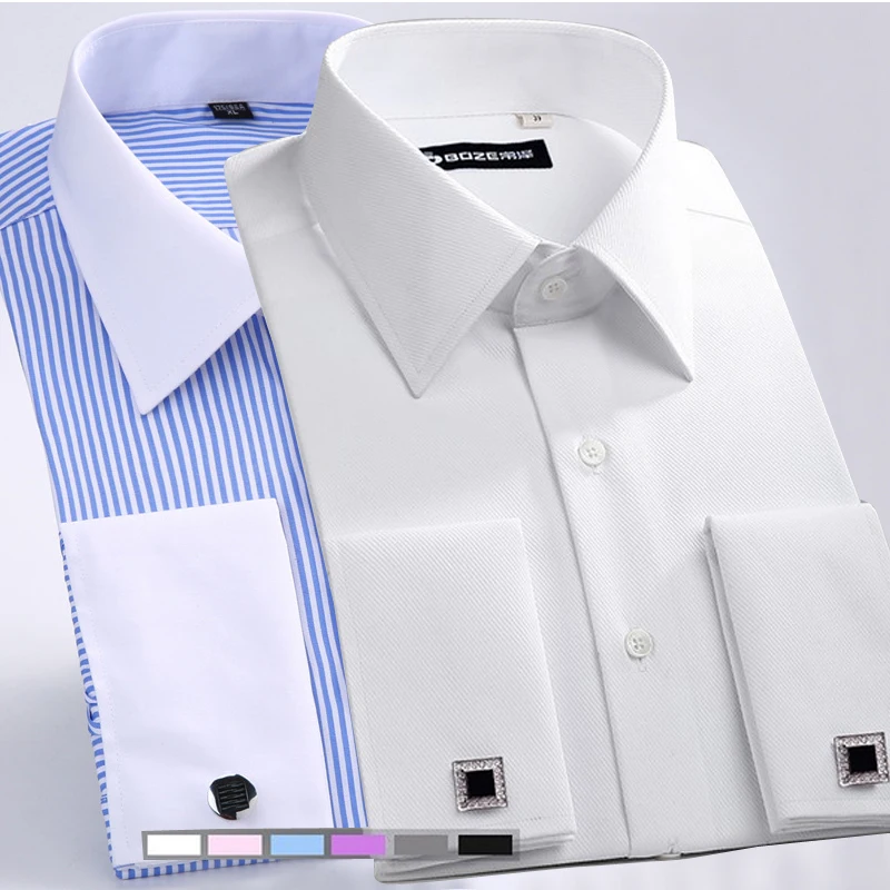 

M~6XL Men's French Cuff Dress Shirt 2024New White Long Sleeve Formal Business Buttons Male Shirts Regular Fit Cufflinks Shirt