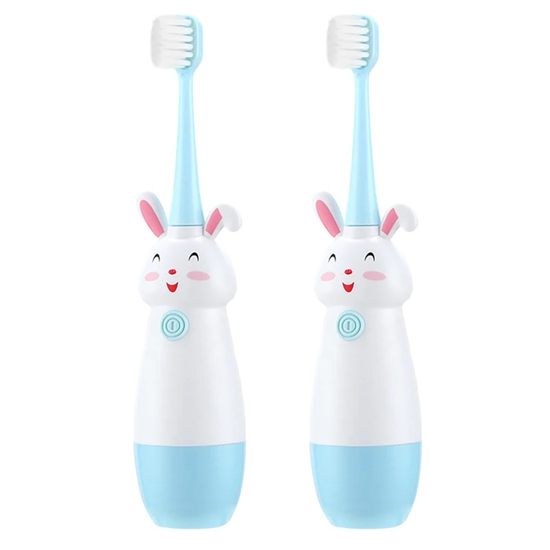

2X Children Electric Toothbrush Cartoon Pattern Kids With 6 Soft Replacement Head Care For Teeth And Gums Blue