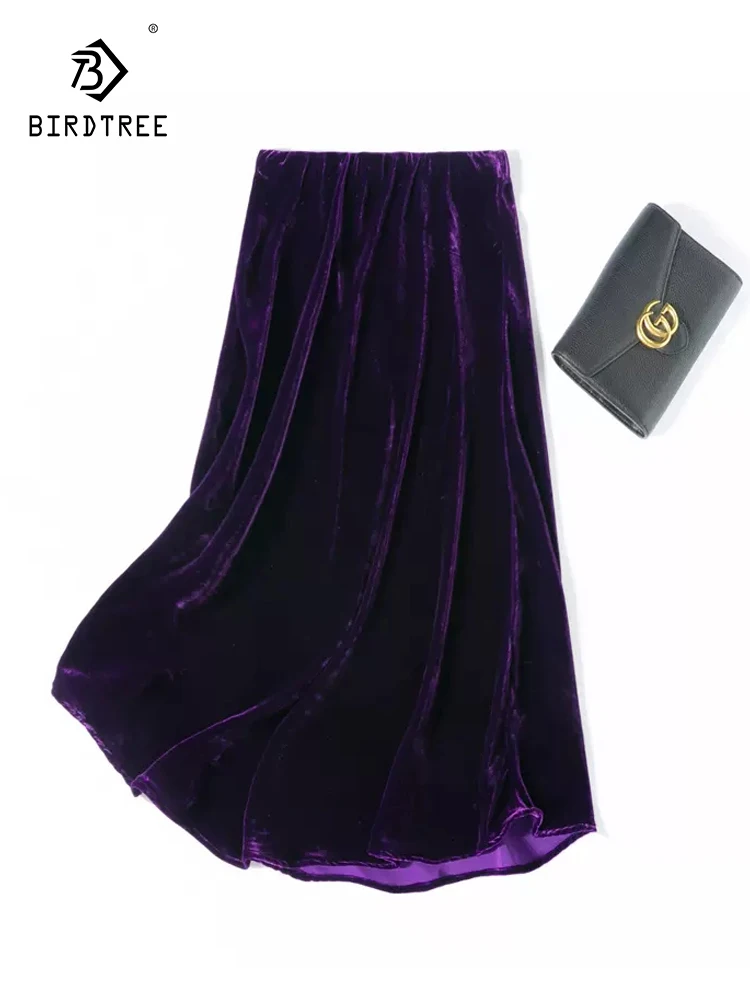 

Birdtree 100%Real Silk Elegant Vintage Velvet Skirt Women Diagonal Cut Wrapped Hip Slim Fishtail Skirt 2024 Spring New B41441QC