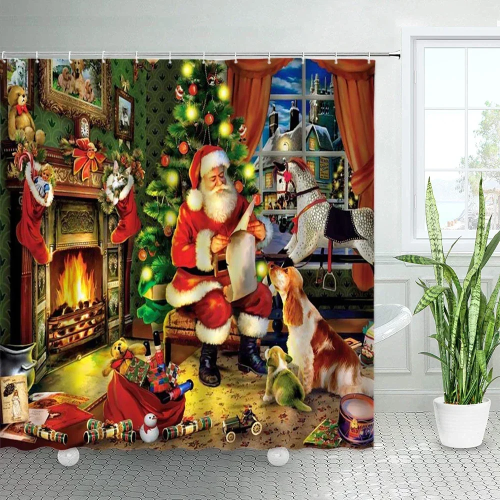 

Retro Oil Painting Christmas Shower Curtains Santa Claus Animal Dog Xmas Tree Fireplace European Art Decor Bathroom Curtain Set