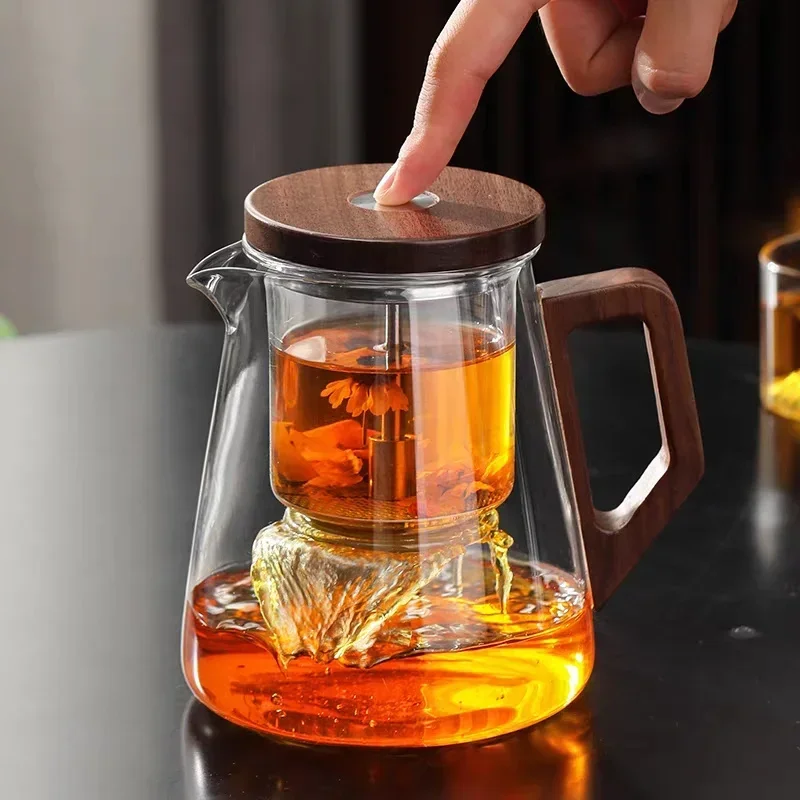 

Фильтрация чая одним нажатием, Стеклянные Чайники с деревянной ручкой, разделение воды и чая, внутренний контейнер, чайник