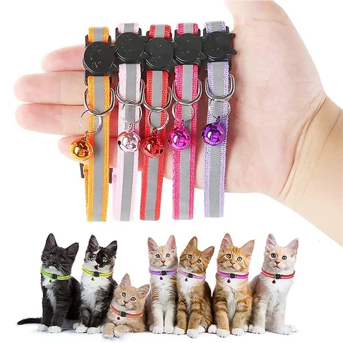 

12pcs Pet Cat Kitten Collar Breathable Nylon Neck Strap Quick Release Adjustable Safety Reflective Bell Ring Necklace