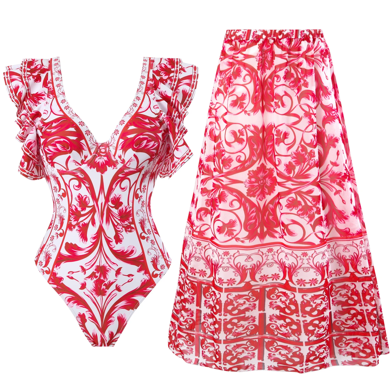 

2024 New 2-Piece Women Bikini Set Push Up Floral Printed Ruffle Bikinis Strappy Bandage Swimwear Brazilian Biquini Bathing Suit