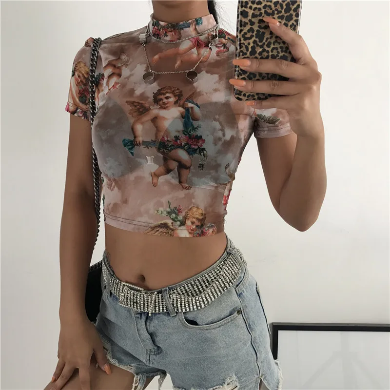 Women Vintage Y2K Sheer Mesh Cupid Angel Print Crop Top Cherub Graphic OUT1073 Women Vintage Y2K Sheer Mesh Cupid Angel Print Crop Top Cherub Graphic OUT1073